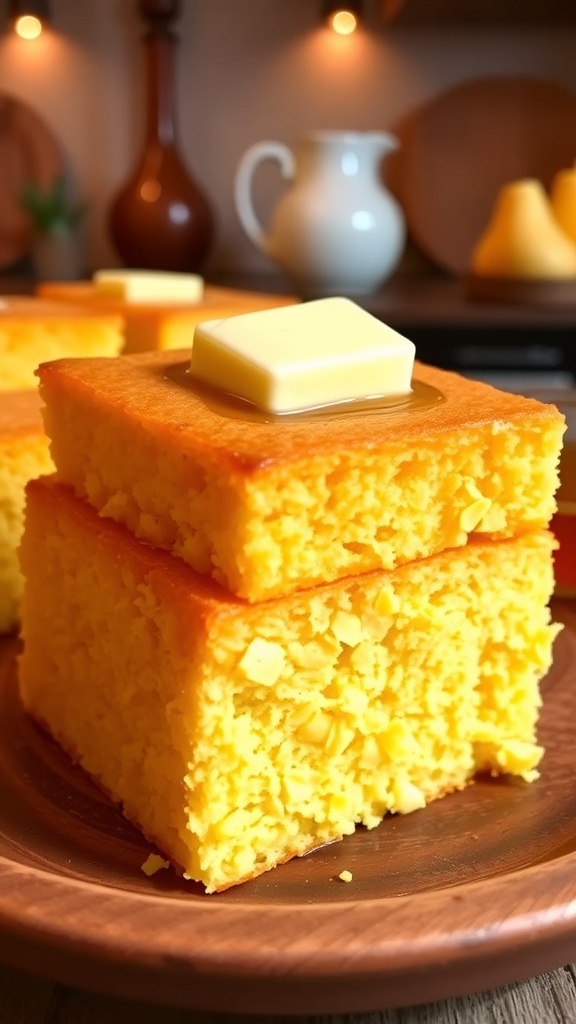 A slice of golden cornbread with butter on top, served with honey on a rustic plate.